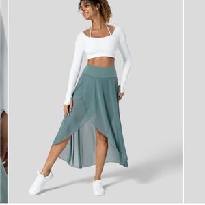 High Waisted High Low Ruffle 2-in-1 Side Pocket Flare Mesh Maxi Skirt